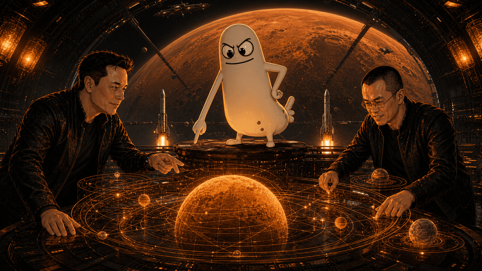 Fictional parody mission chamber where a giant Dickbutt stands over orbital charts between Elon-like and CZ-like figures.