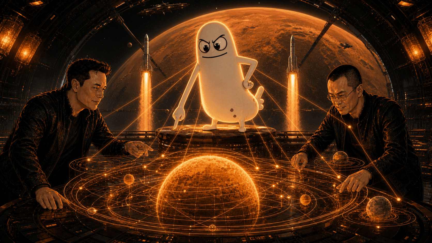 Fictional parody launch chamber with glowing Dickbutt, rising rockets, orbital lines, and Mars behind.