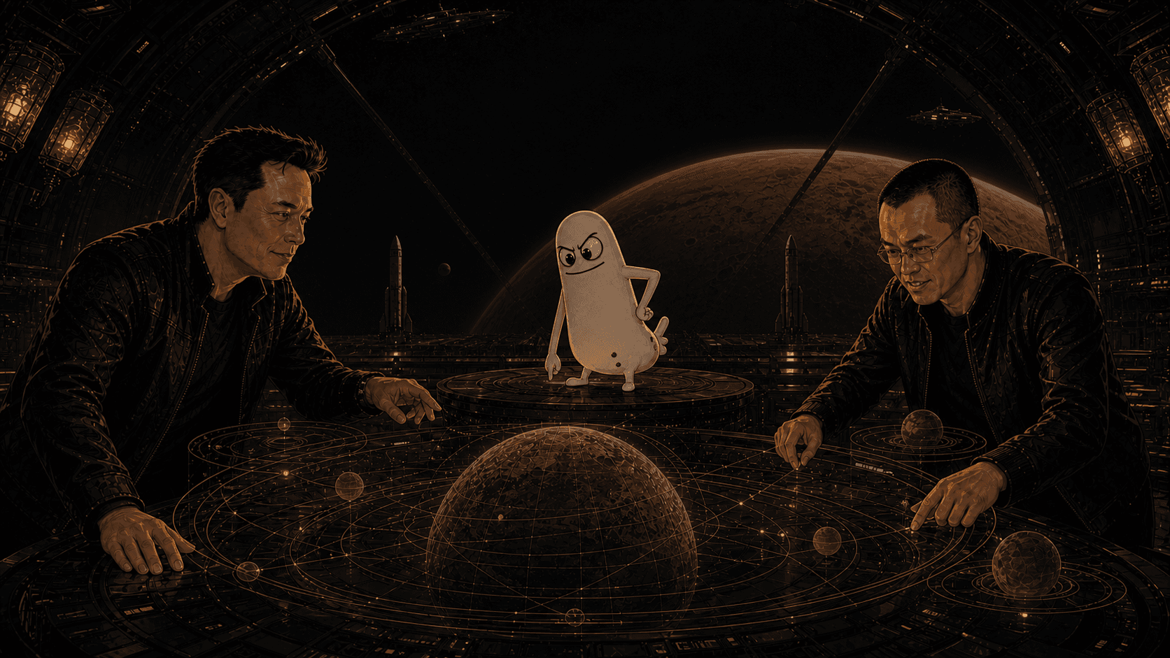 Fictional parody mission chamber with Dickbutt on a circular dais between Elon-like and CZ-like figures, Mars and rockets behind.