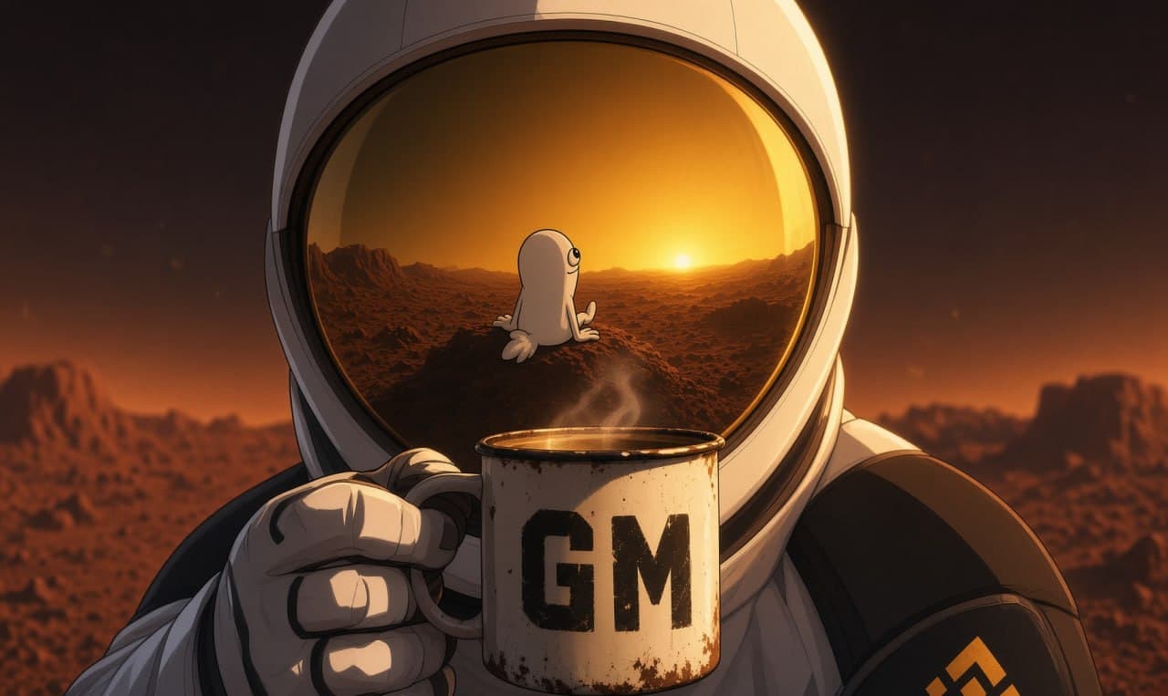 A spacesuited astronaut holds a steaming GM mug, with Dickbutt visible on the orange Mars horizon.