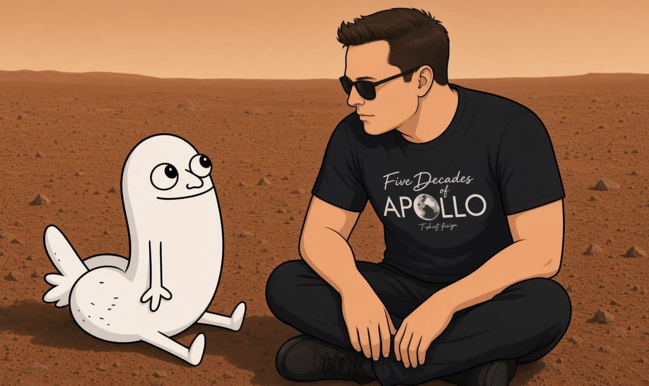 Fictional parody illustration of an Elon-like figure in sunglasses sitting cross-legged with Dickbutt on a barren Mars plain.