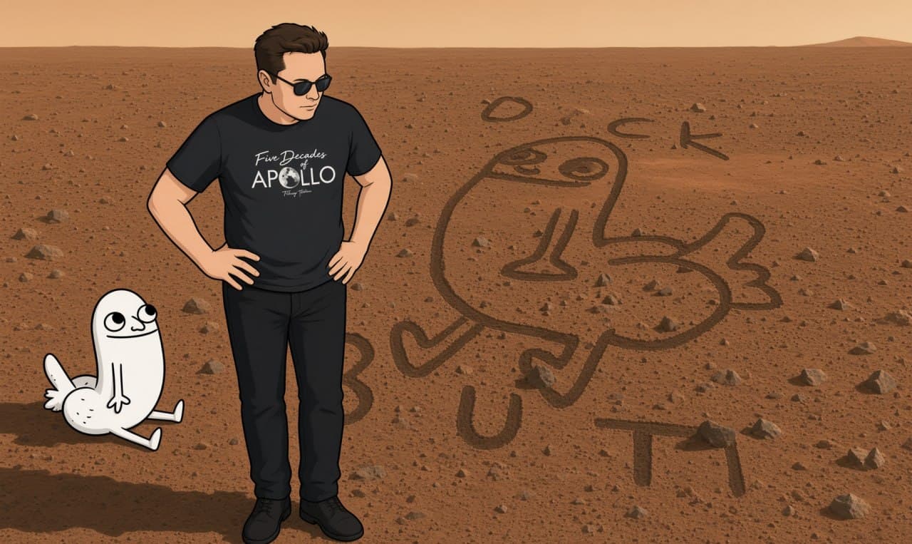 Fictional parody illustration of an Elon-like figure and Dickbutt beside a giant Dickbutt drawing traced into Martian soil.